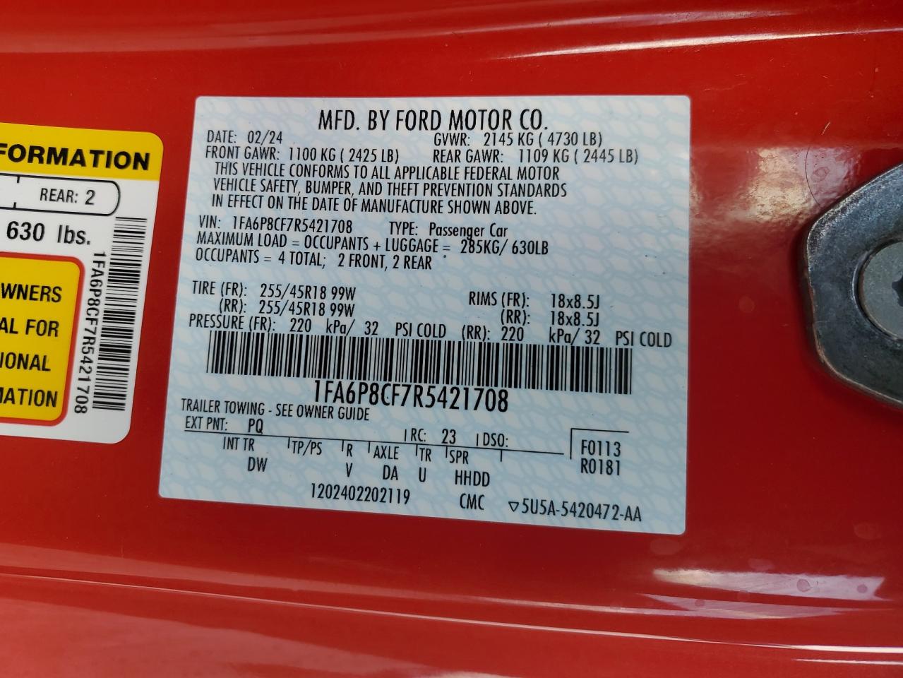 2024 Ford Mustang Gt VIN: 1FA6P8CF7R5421708 Lot: 65863904