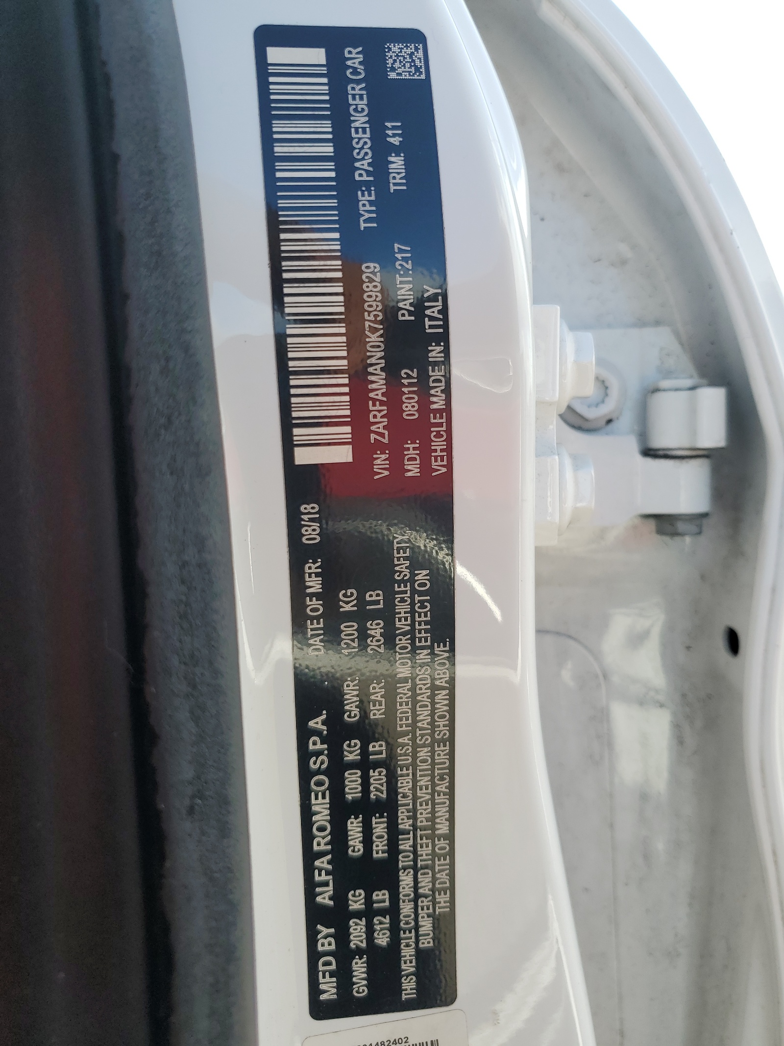 ZARFAMAN0K7599829 2019 Alfa Romeo Giulia