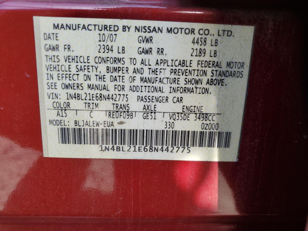 1N4BL21E68N442775 2008 Nissan Altima 3.5Se