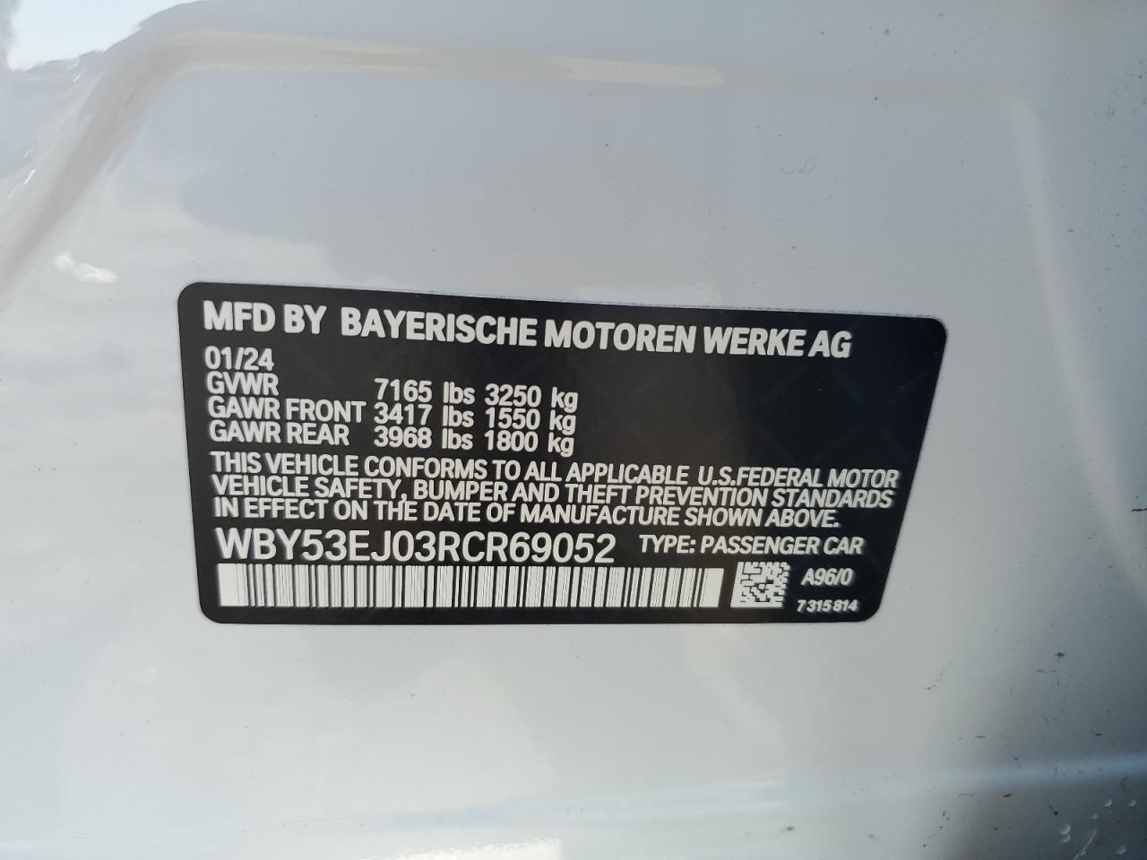 2024 BMW I7 xDrive60 VIN: WBY53EJ03RCR69052 Lot: 65356084