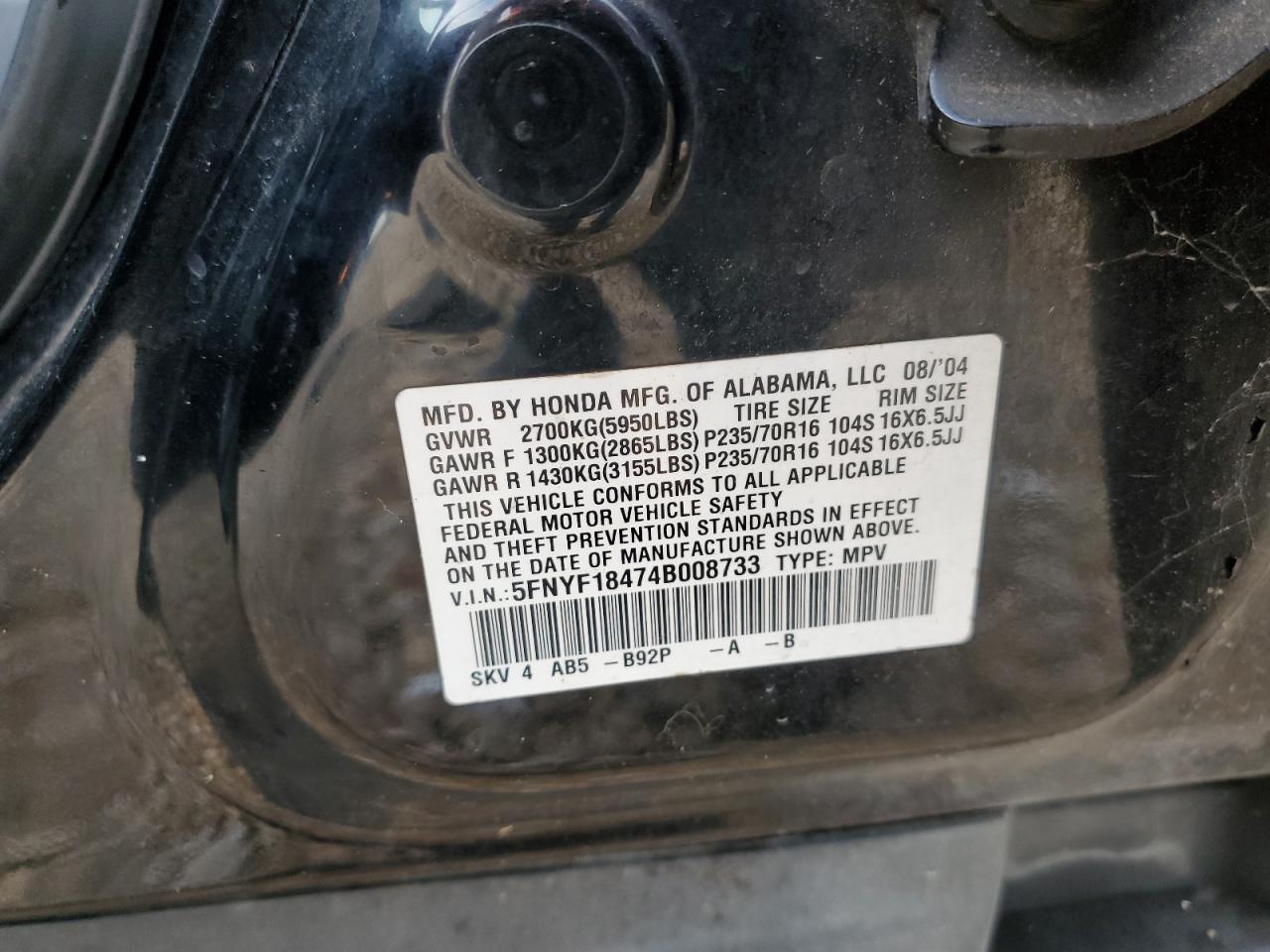 5FNYF18474B008733 2004 Honda Pilot Ex