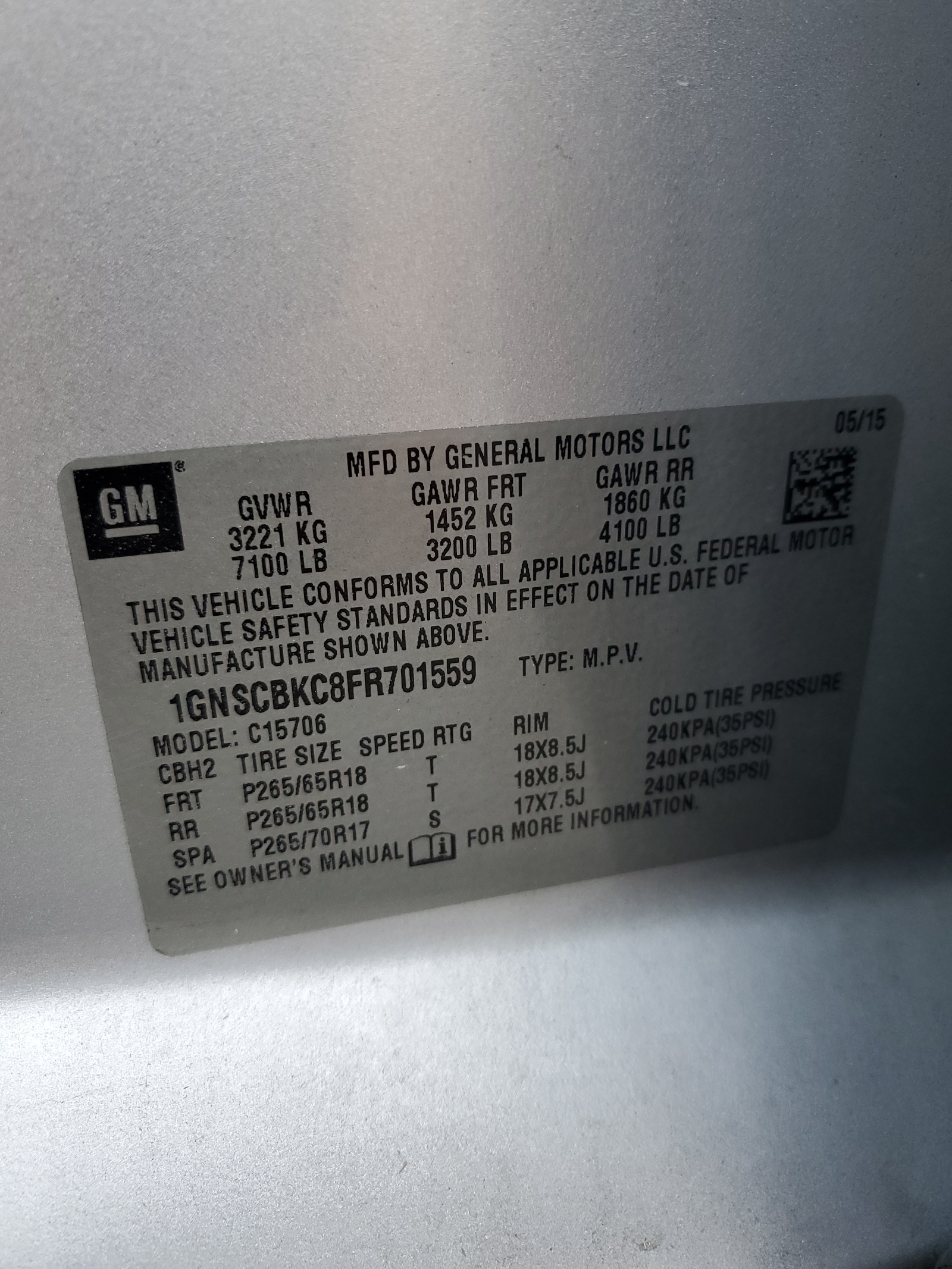 1GNSCBKC8FR701559 2015 Chevrolet Tahoe C1500 Lt