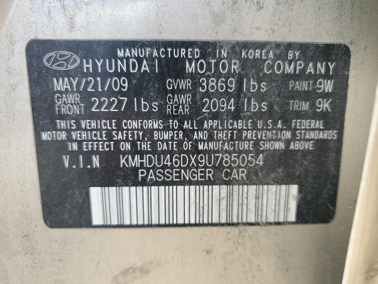 2009 Hyundai Elantra Gls VIN: KMHDU46DX9U785054 Lot: 65667484
