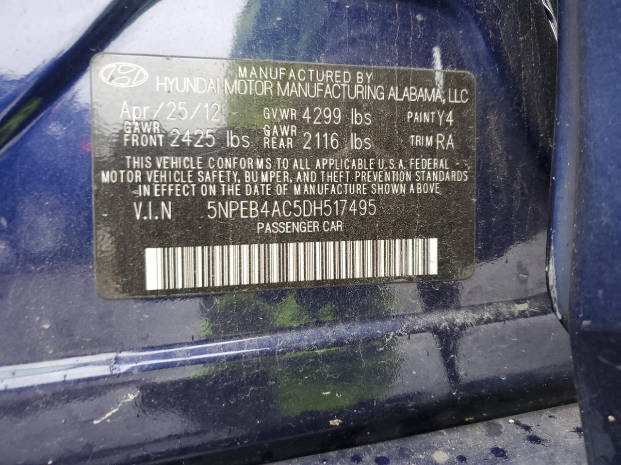 2013 Hyundai Sonata Gls VIN: 5NPEB4AC5DH517495 Lot: 66324604