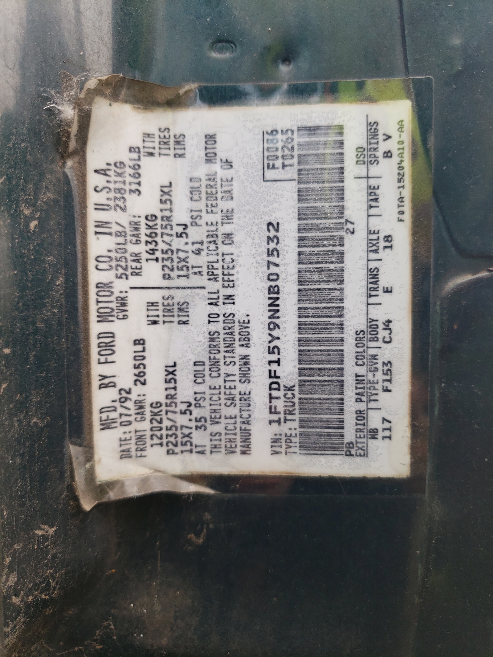 1FTDF15Y9NNB07532 1992 Ford F150