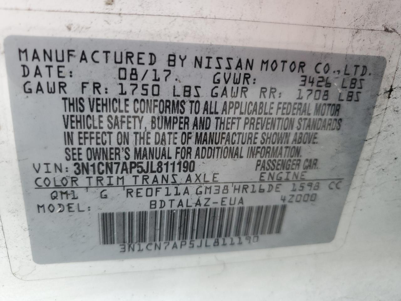 3N1CN7AP5JL811190 2018 Nissan Versa S