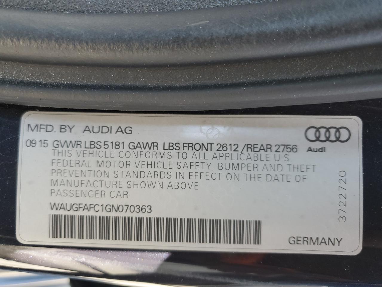 2016 Audi A6 Premium Plus VIN: WAUGFAFC1GN070363 Lot: 65036544