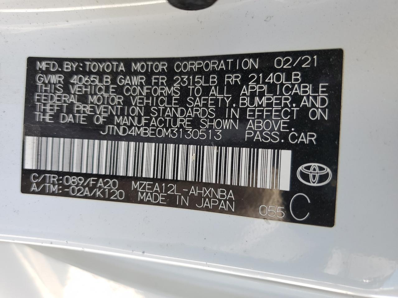 JTND4MBE0M3130513 2021 Toyota Corolla Se