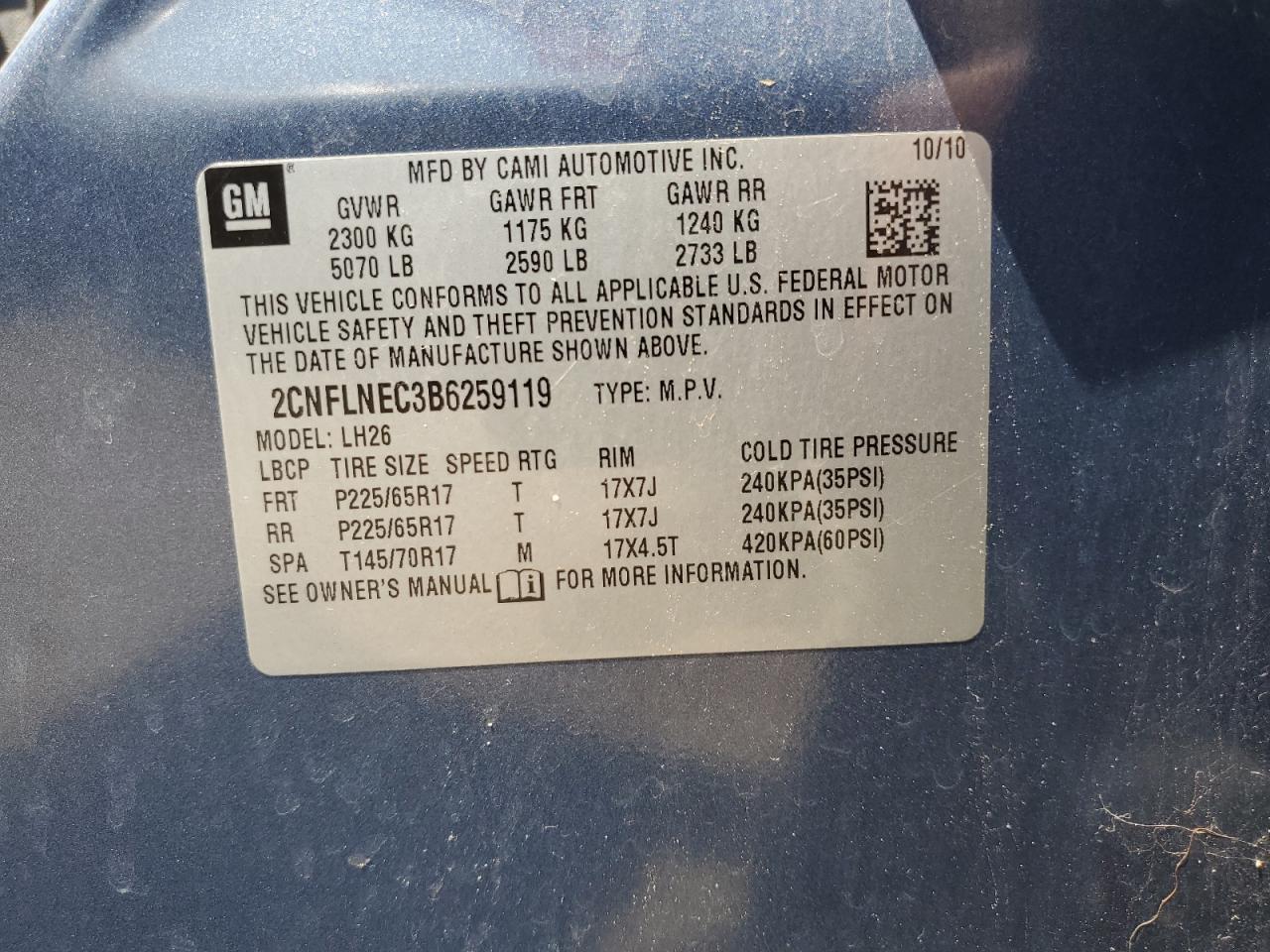 2CNFLNEC3B6259119 2011 Chevrolet Equinox Lt