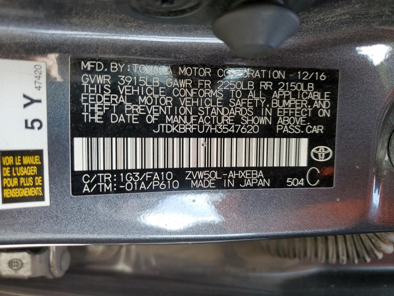 2017 Toyota Prius VIN: JTDKBRFU7H3547620 Lot: 65639064