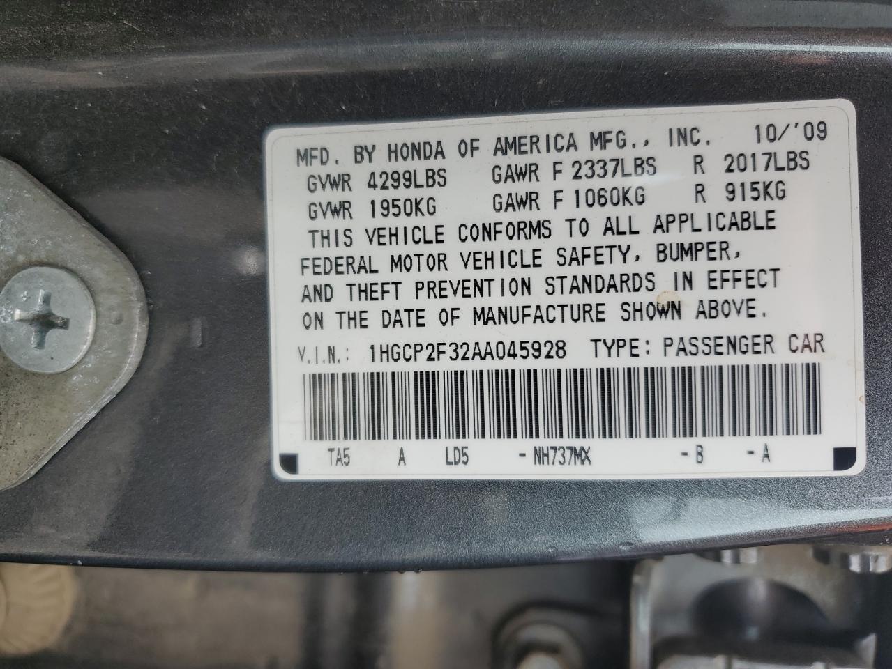 1HGCP2F32AA045928 2010 Honda Accord Lx