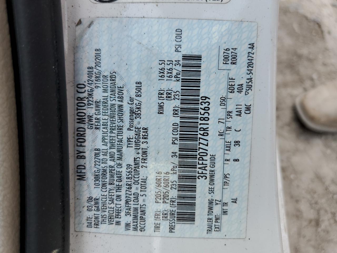 2006 Ford Fusion Se VIN: 3FAFP07Z76R185639 Lot: 66685204