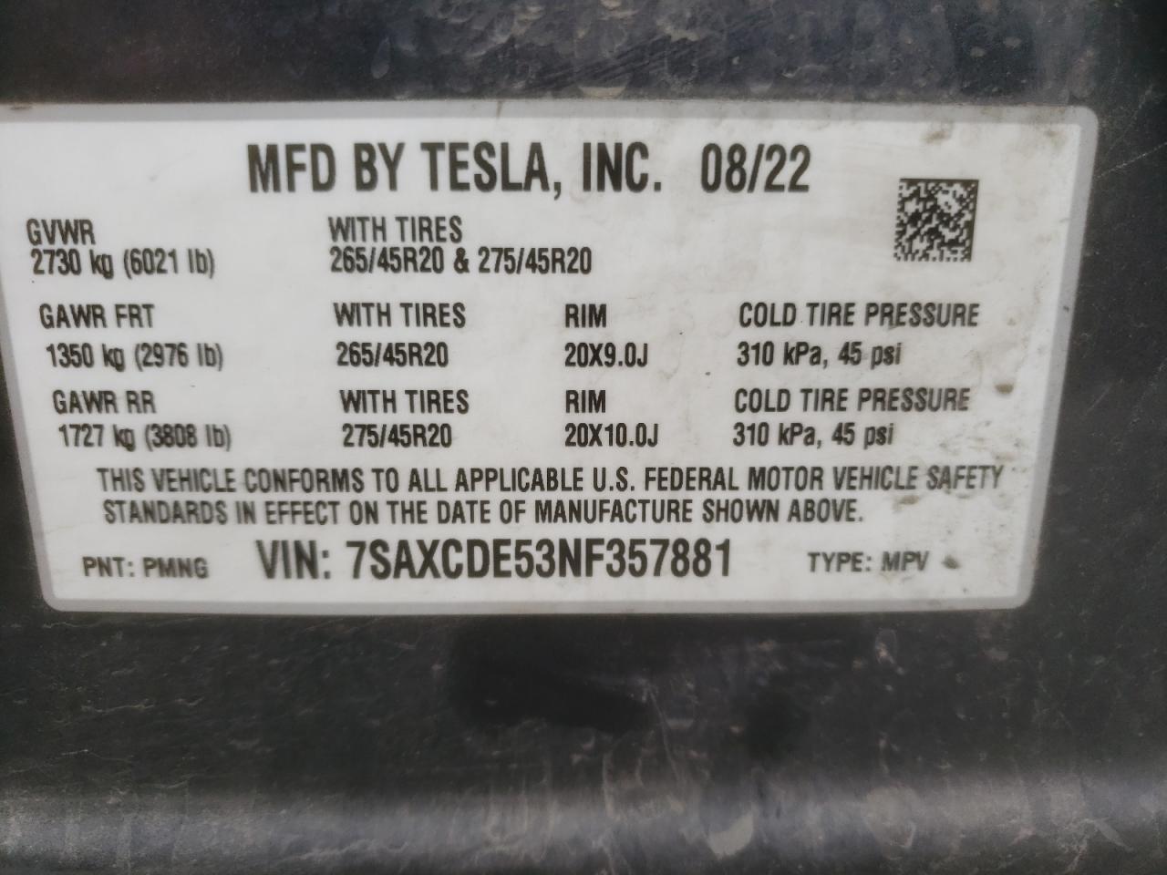 2022 Tesla Model X VIN: 7SAXCDE53NF357881 Lot: 67071434