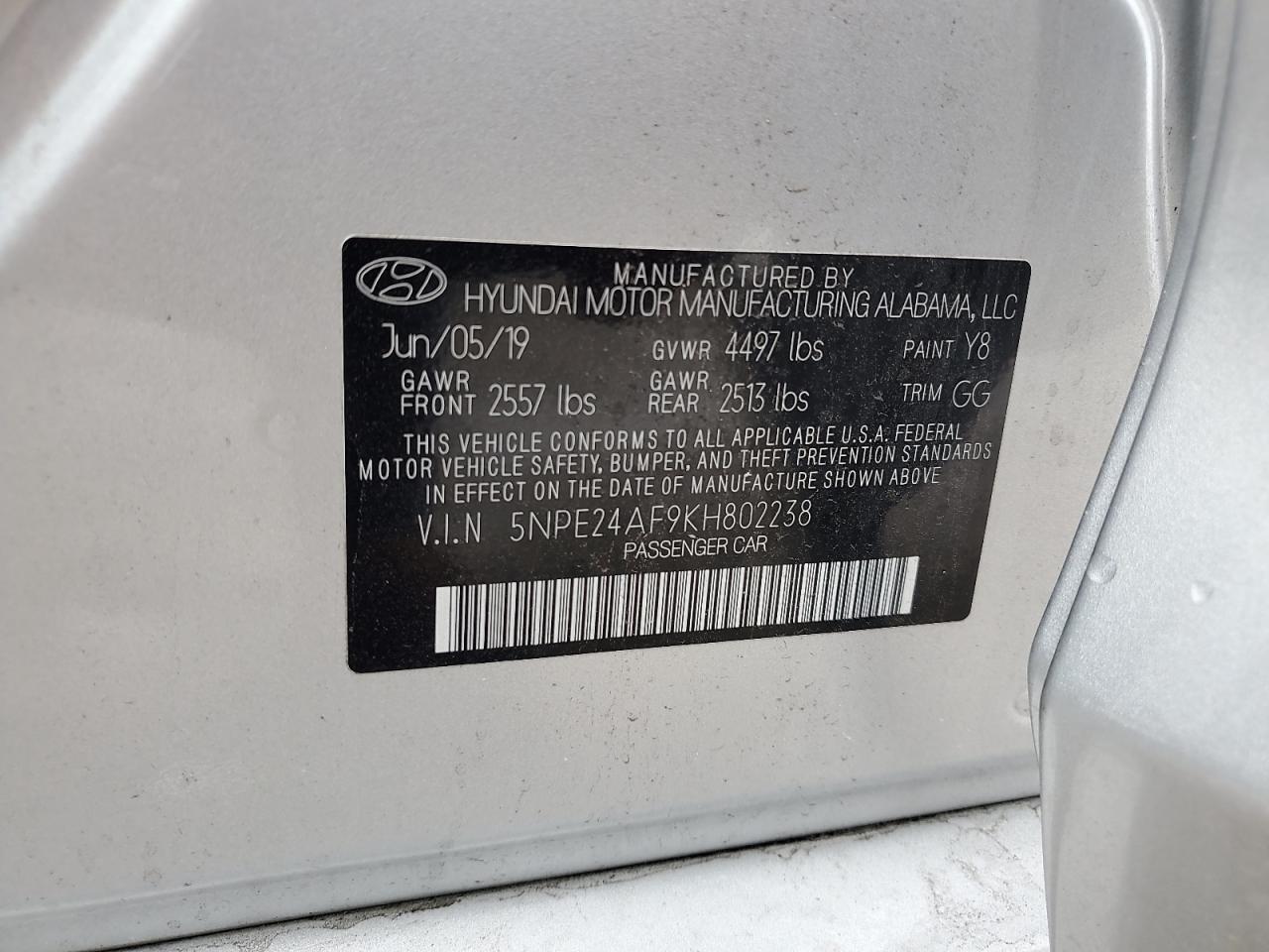 5NPE24AF9KH802238 2019 Hyundai Sonata Se