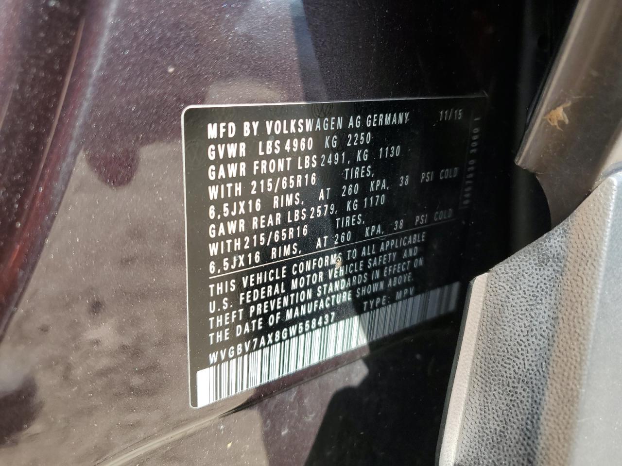 2016 Volkswagen Tiguan S VIN: WVGBV7AX8GW558437 Lot: 68112914