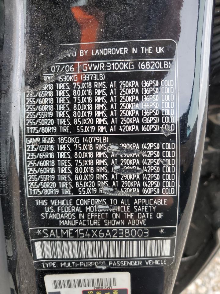 2006 Land Rover Range Rover Hse VIN: SALME154X6A238003 Lot: 65841554