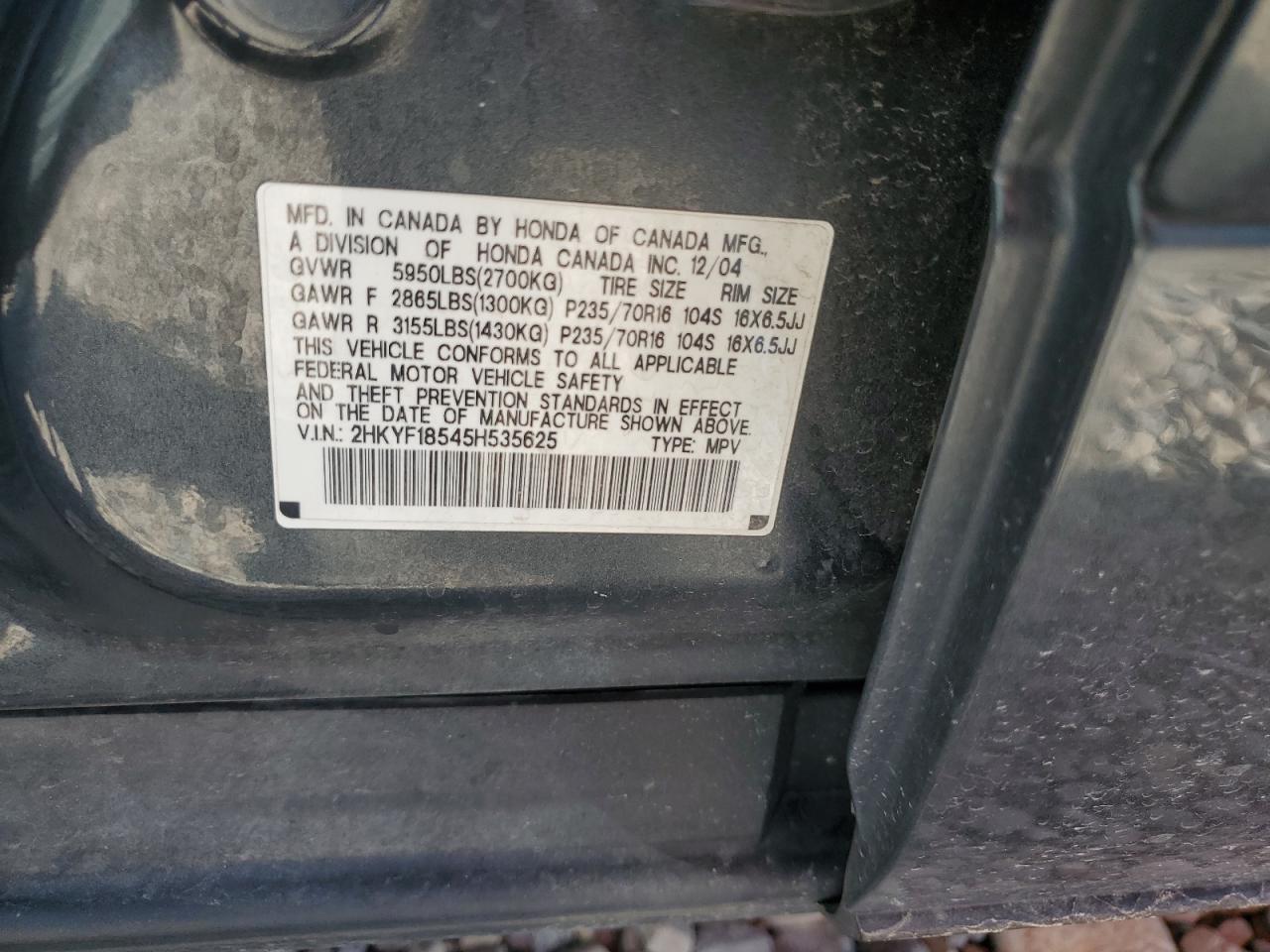 2005 Honda Pilot Exl VIN: 2HKYF18545H535625 Lot: 67792874