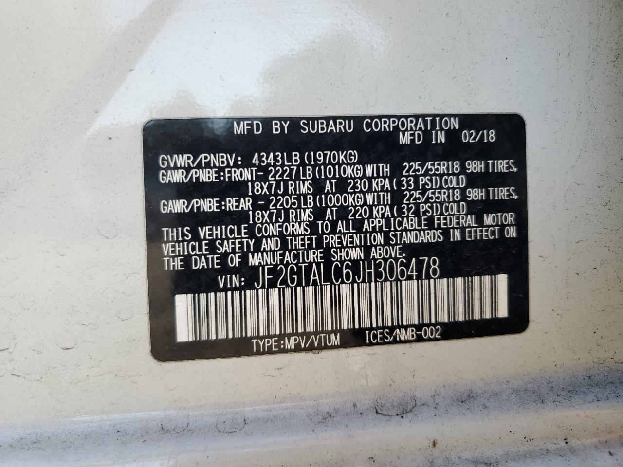 JF2GTALC6JH306478 2018 Subaru Crosstrek Limited