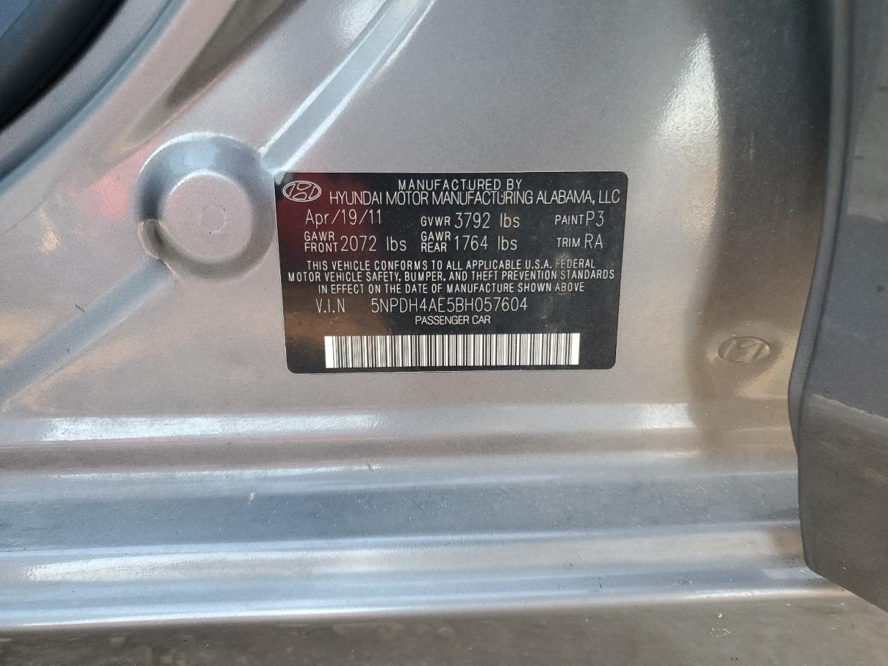 2011 Hyundai Elantra Gls VIN: 5NPDH4AE5BH057604 Lot: 67158084