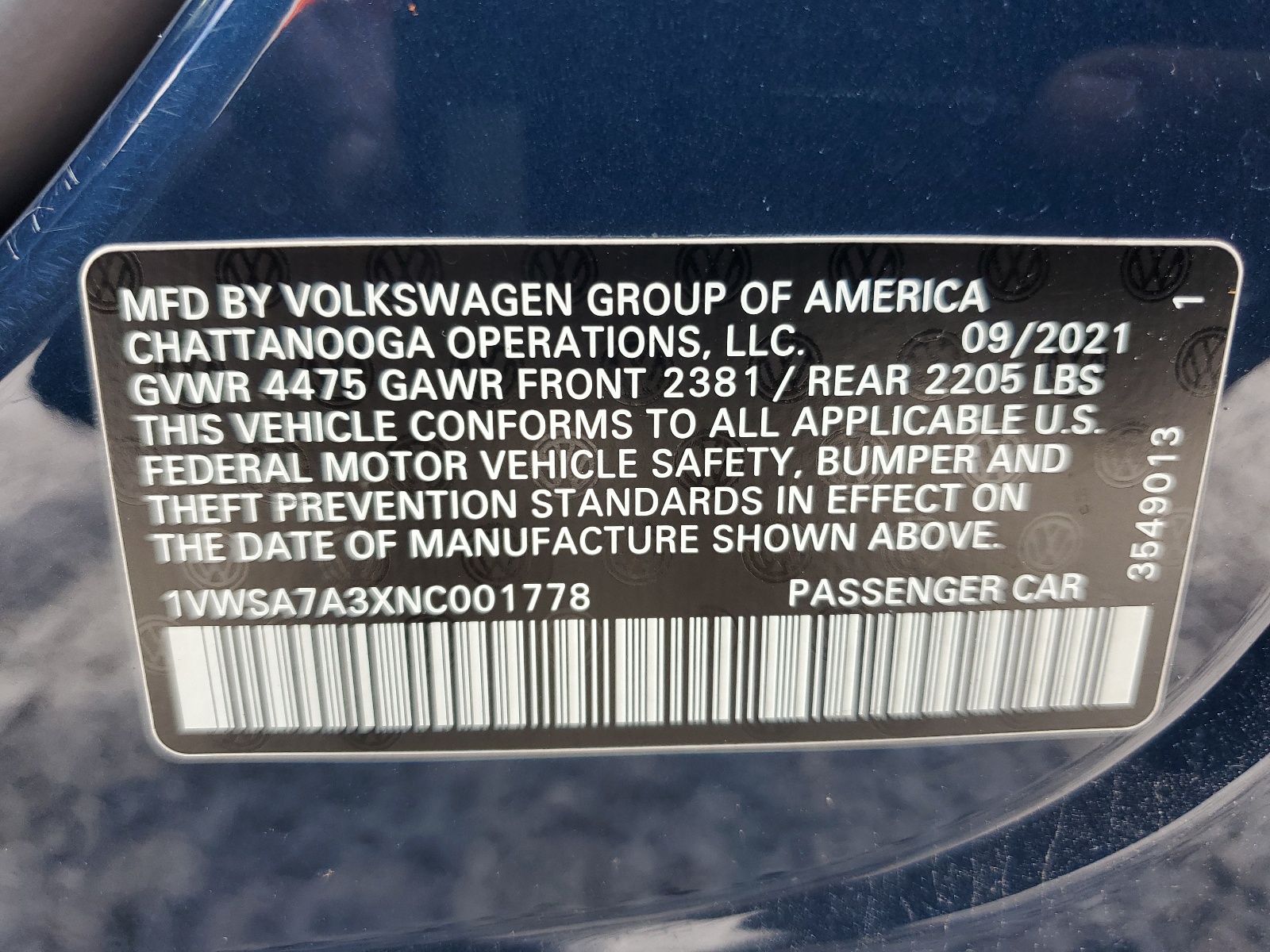 1VWSA7A3XNC001778 2022 Volkswagen Passat Se