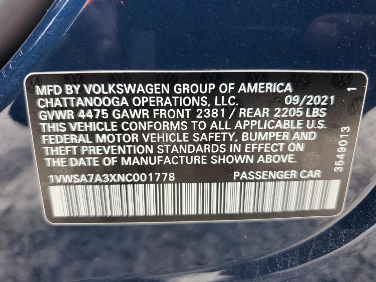 2022 Volkswagen Passat Se VIN: 1VWSA7A3XNC001778 Lot: 67744864