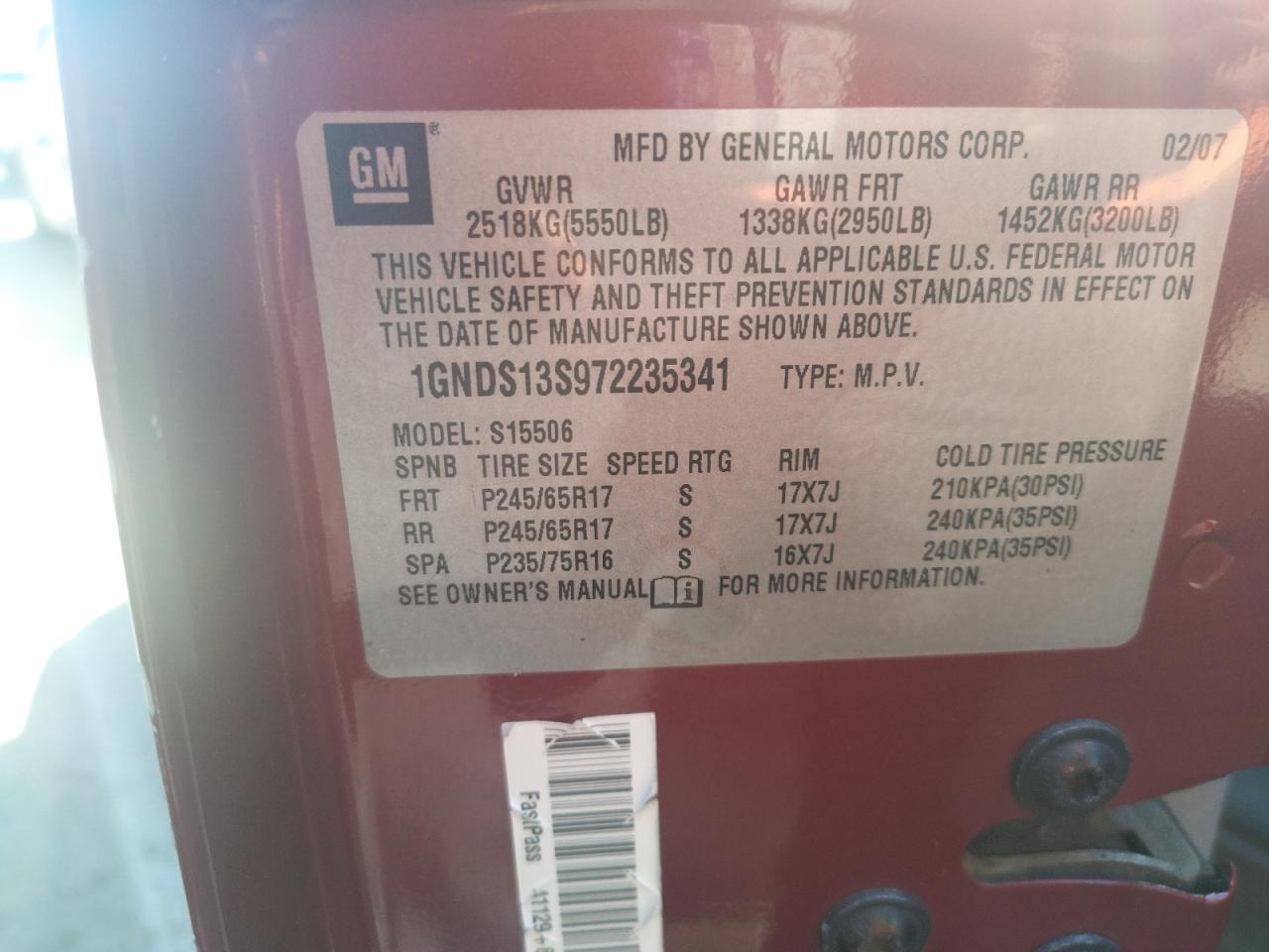 2007 Chevrolet Trailblazer Ls VIN: 1GNDS13S972235341 Lot: 65985064