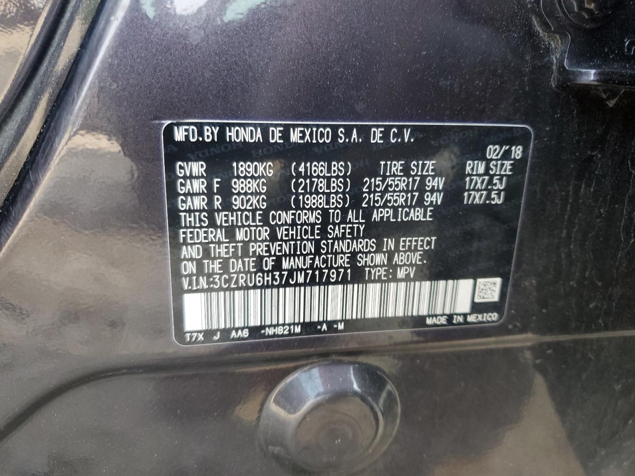 3CZRU6H37JM717971 2018 Honda Hr-V Lx