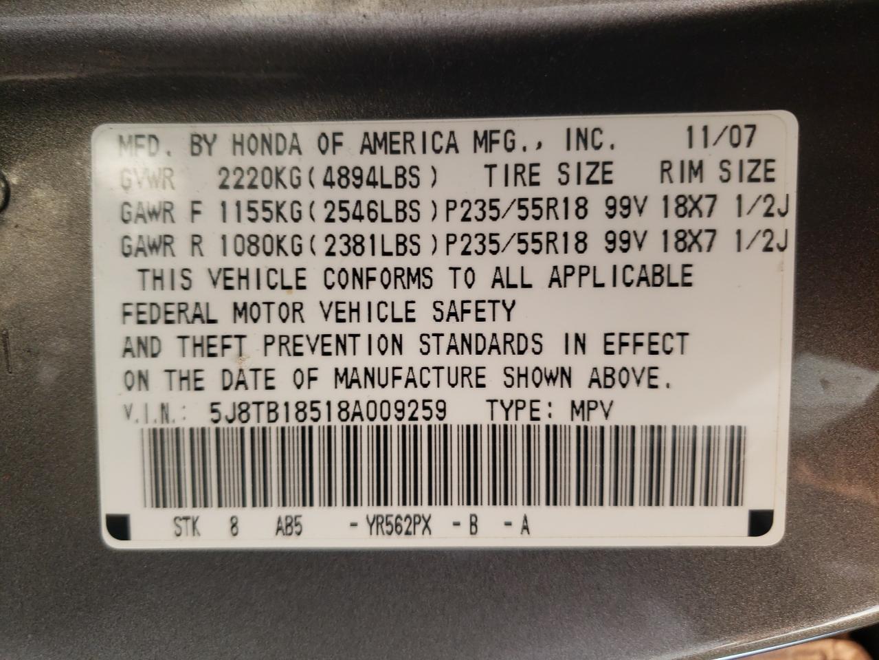 5J8TB18518A009259 2008 Acura Rdx Technology