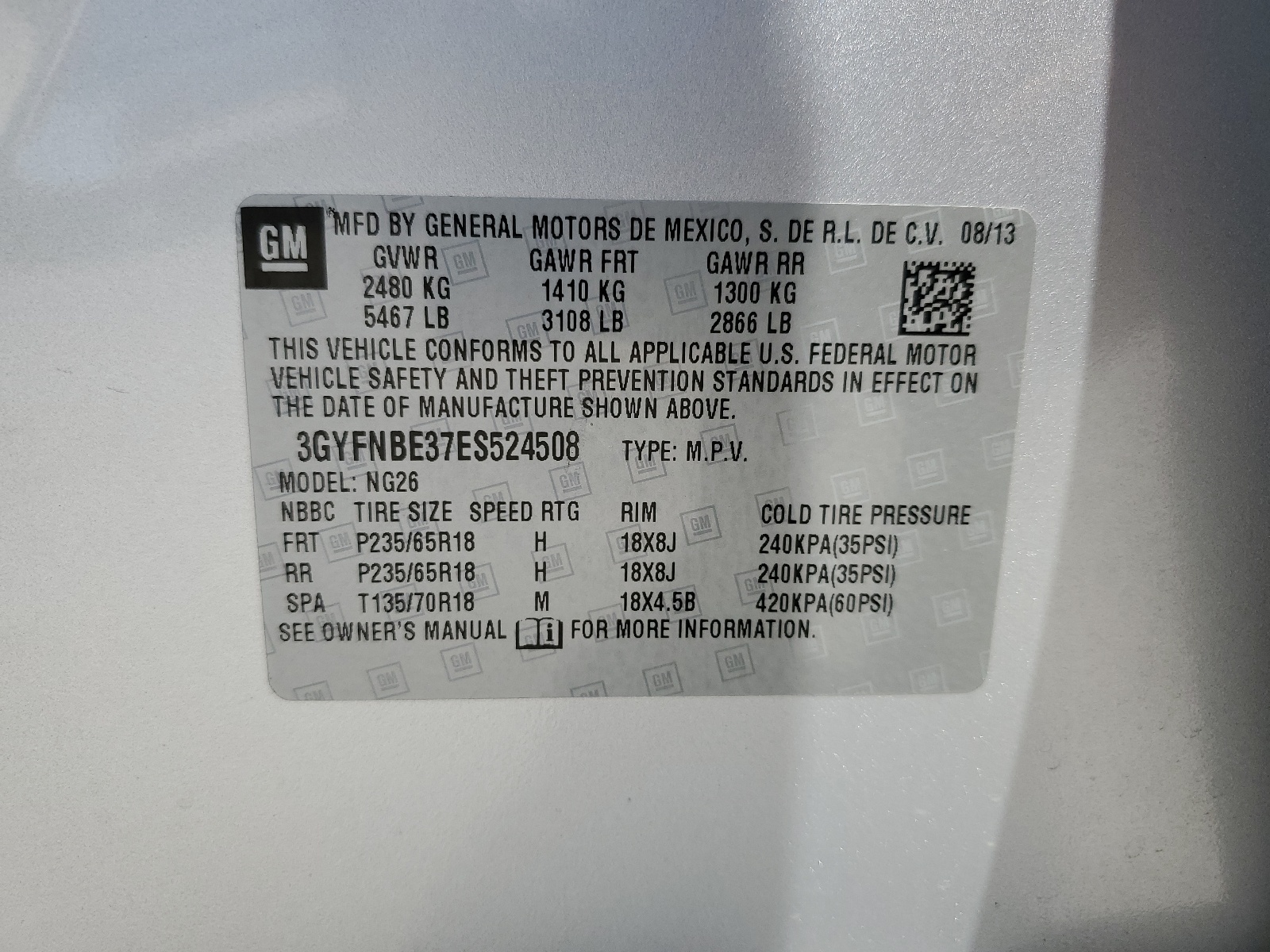 3GYFNBE37ES524508 2014 Cadillac Srx Luxury Collection