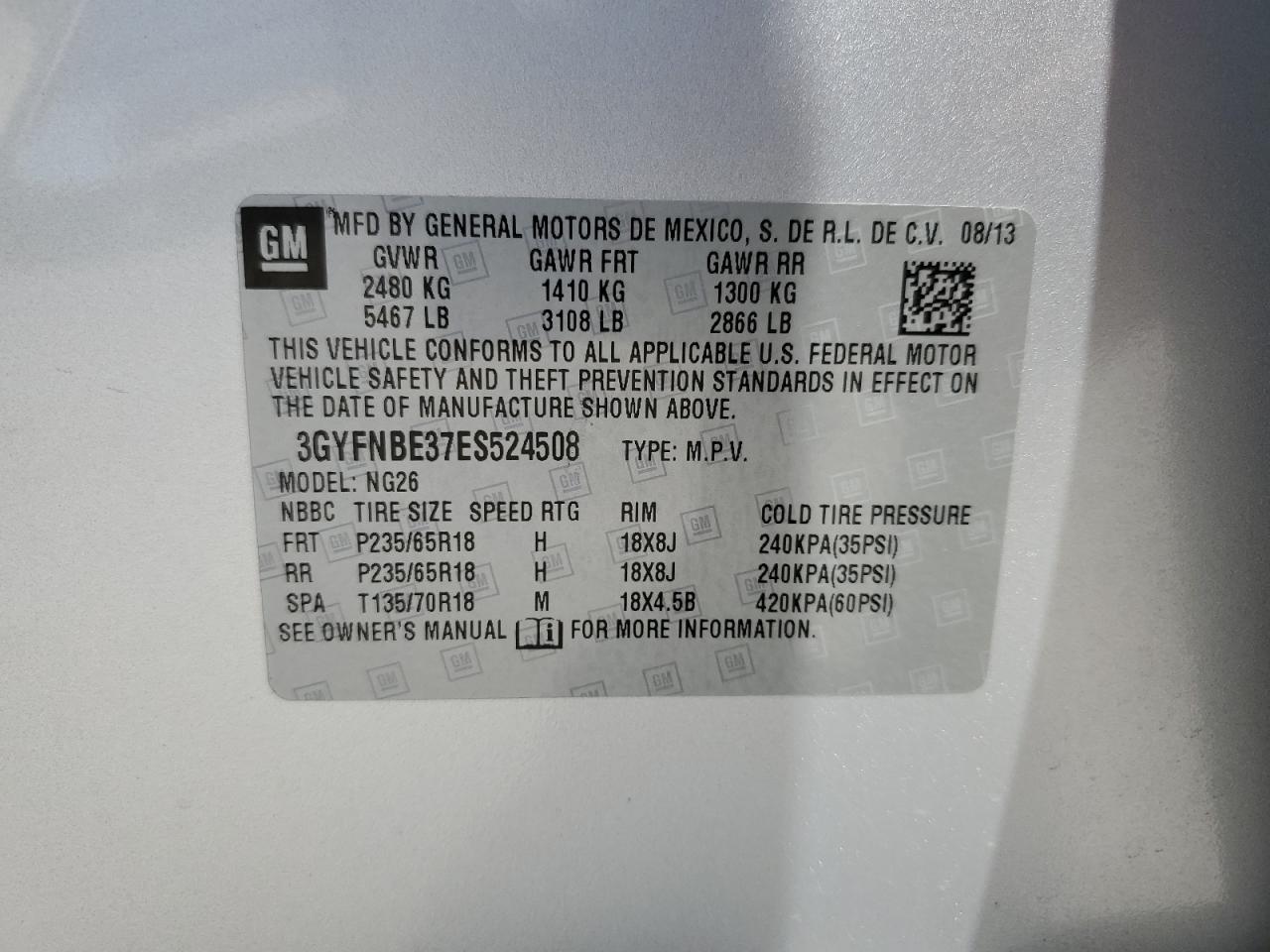 2014 Cadillac Srx Luxury Collection VIN: 3GYFNBE37ES524508 Lot: 65682764