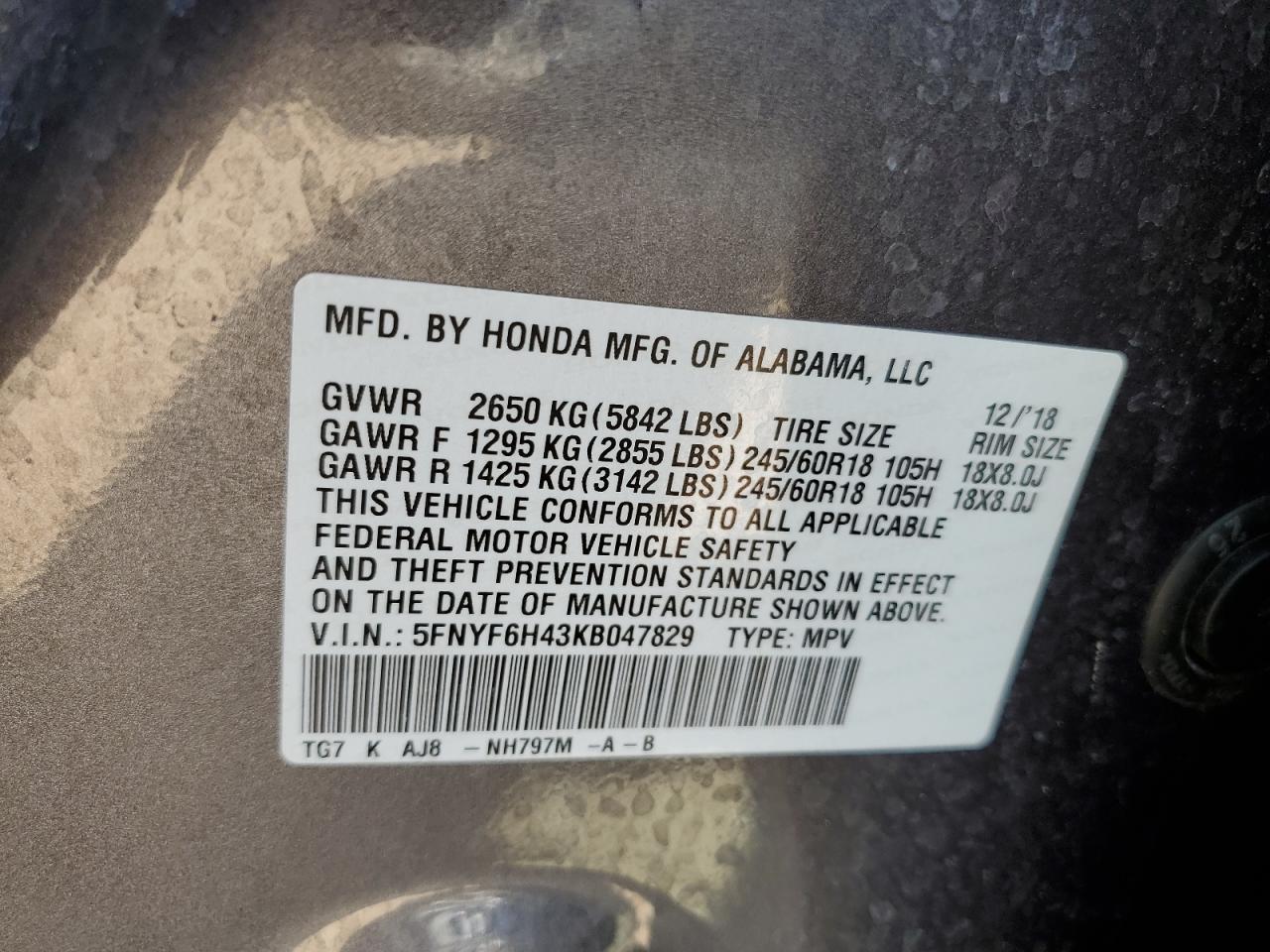 5FNYF6H43KB047829 2019 Honda Pilot Exl