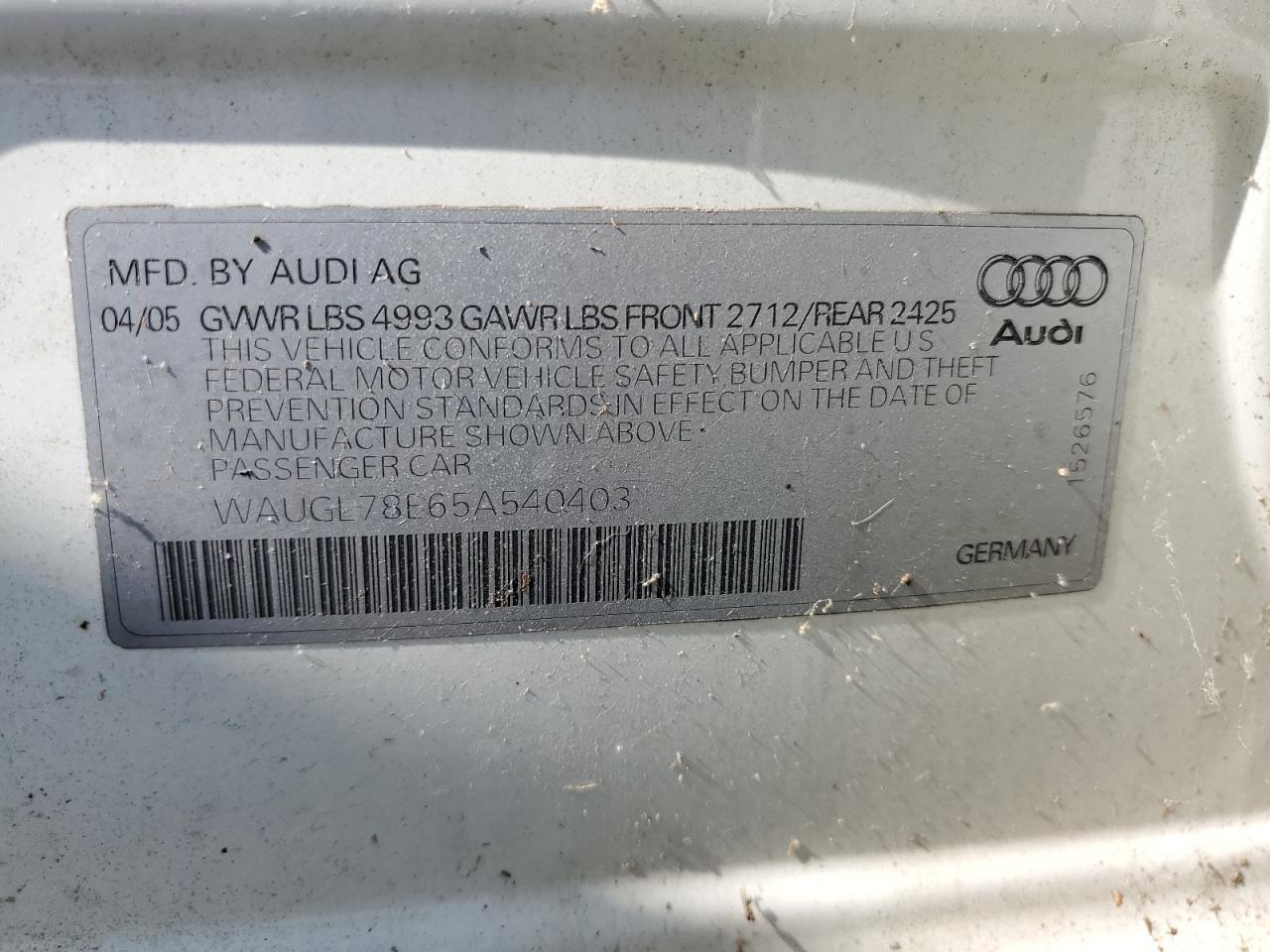 2005 Audi New S4 Quattro VIN: WAUGL78E65A540403 Lot: 68891784