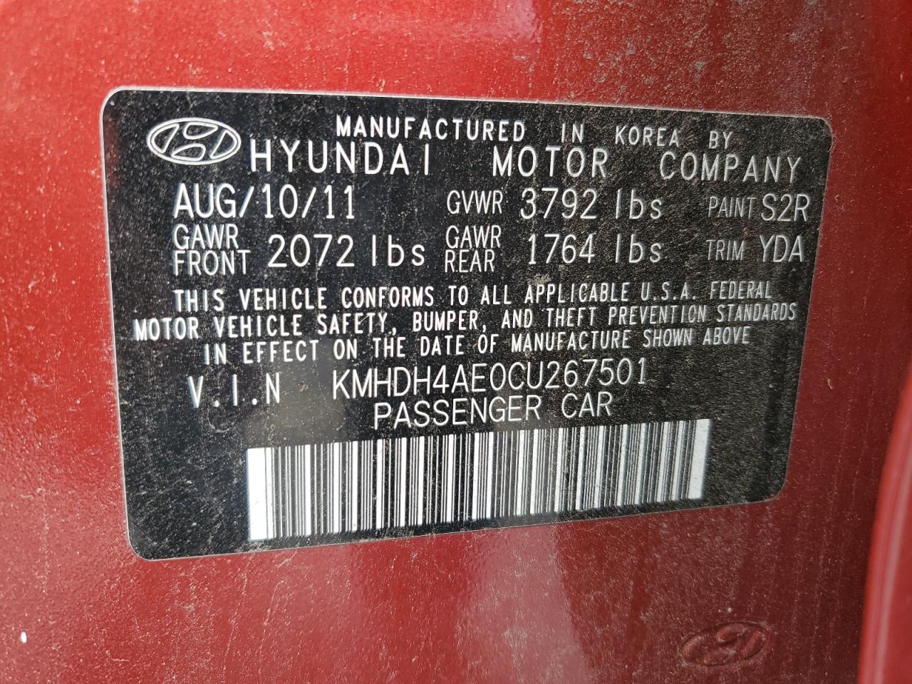 KMHDH4AE0CU267501 2012 Hyundai Elantra Gls