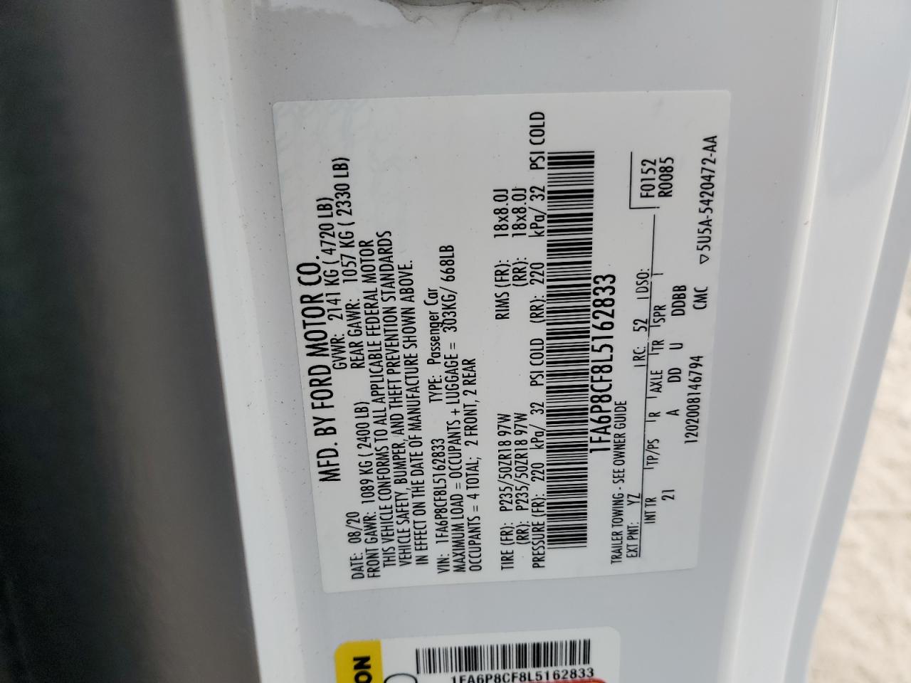 2020 Ford Mustang Gt VIN: 1FA6P8CF8L5162833 Lot: 67388054