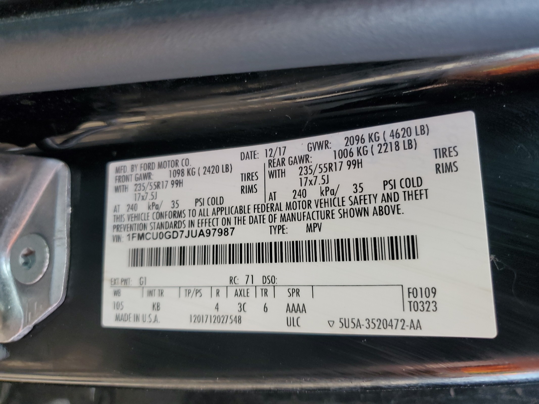 1FMCU0GD7JUA97987 2018 Ford Escape Se