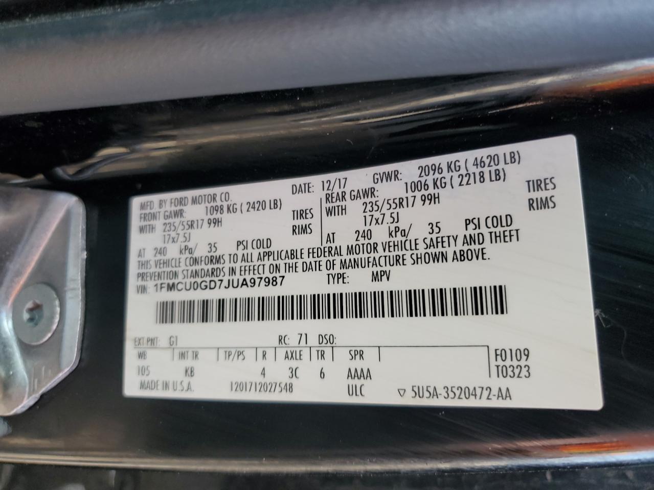 2018 Ford Escape Se VIN: 1FMCU0GD7JUA97987 Lot: 65679164