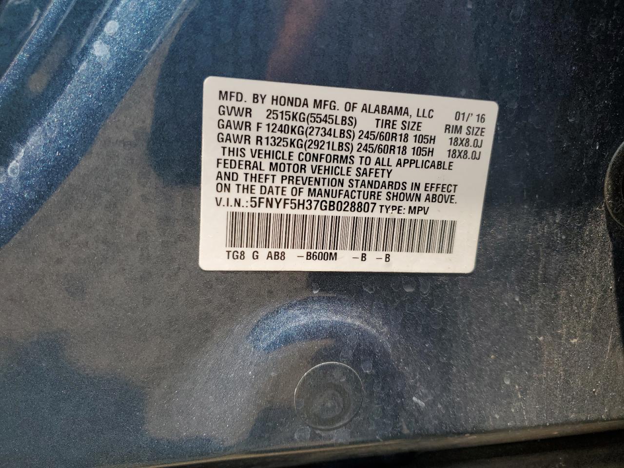2016 Honda Pilot Ex VIN: 5FNYF5H37GB028807 Lot: 67107074