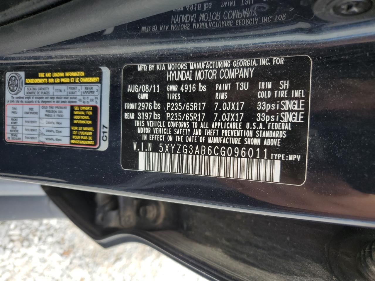 2012 Hyundai Santa Fe Gls VIN: 5XYZG3AB6CG096011 Lot: 65374434