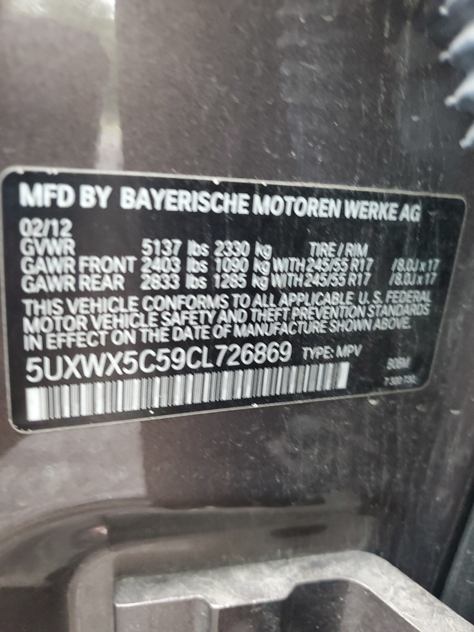 2012 BMW X3 xDrive28I vin: 5UXWX5C59CL726869