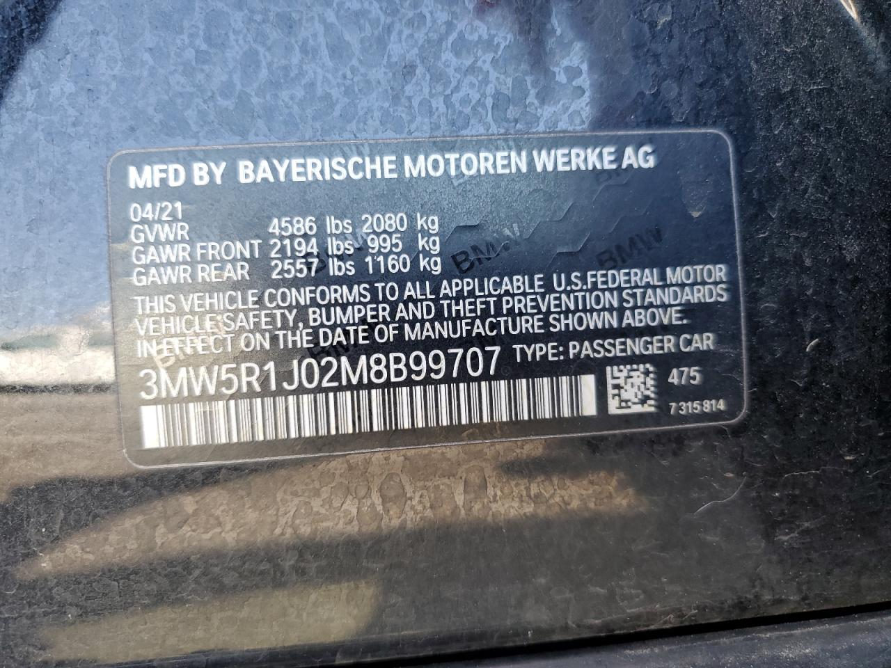 3MW5R1J02M8B99707 BMW 3 Series 330I 12