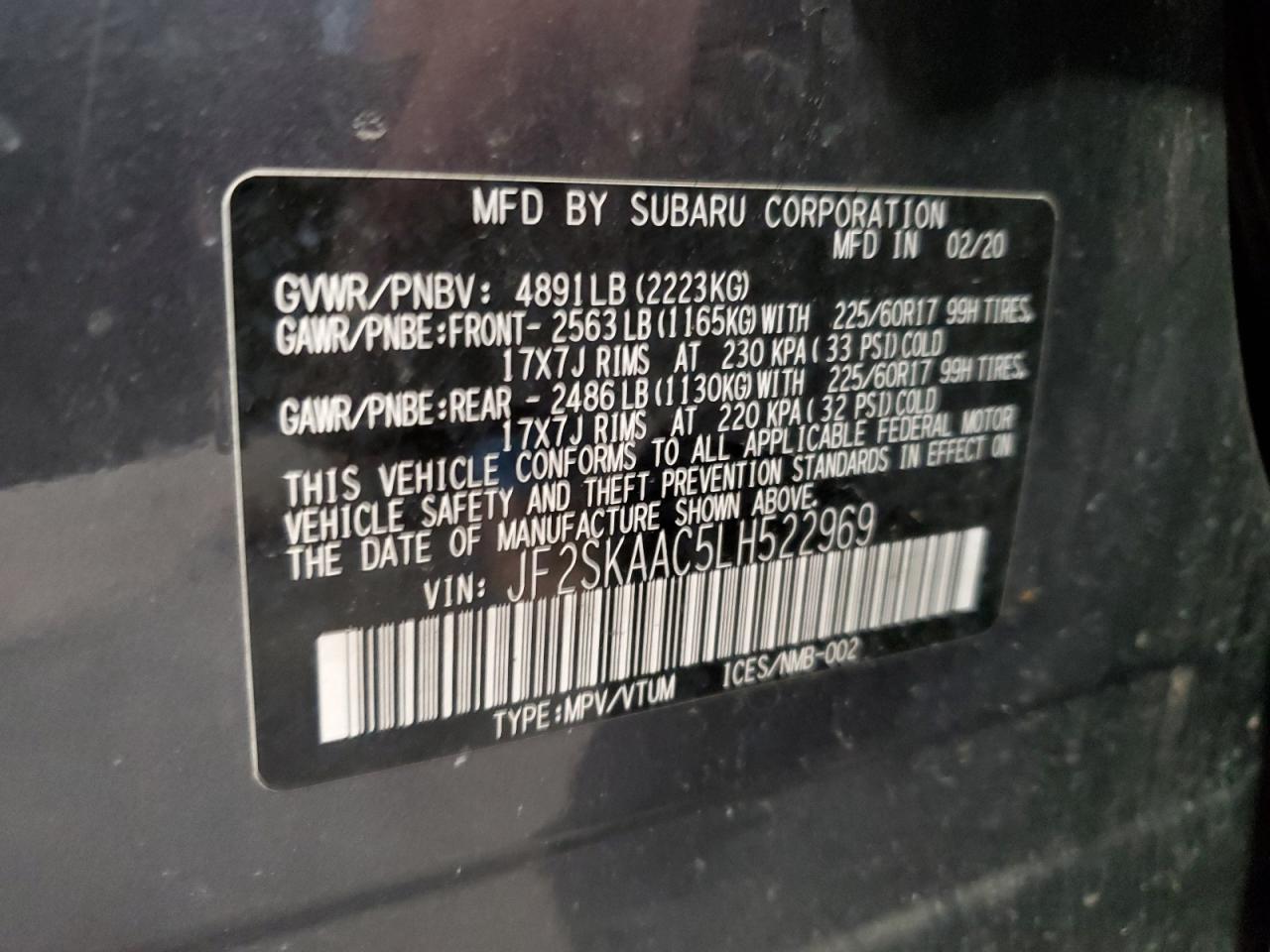 2020 Subaru Forester VIN: JF2SKAAC5LH522969 Lot: 66484444