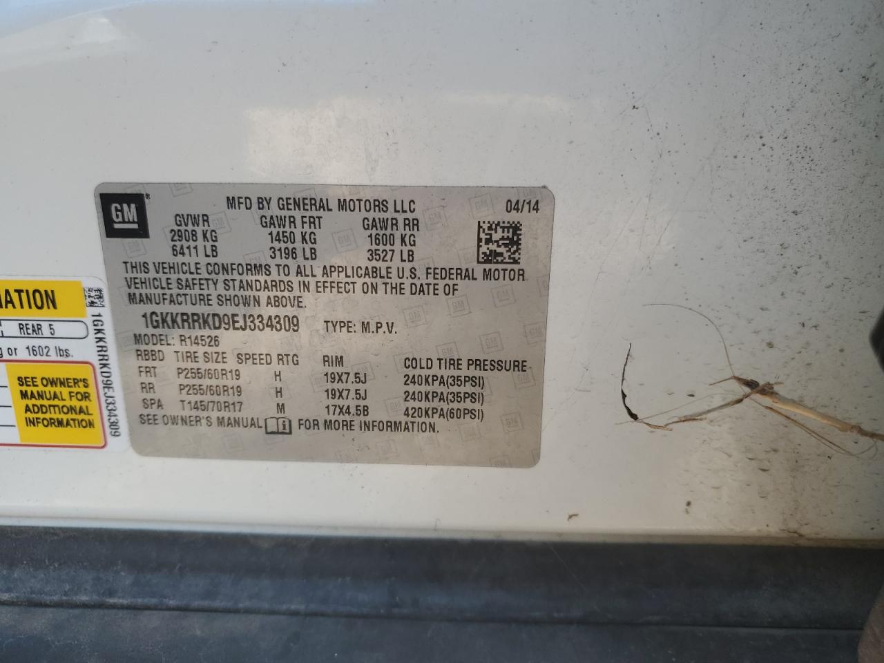 2014 GMC Acadia Slt-1 VIN: 1GKKRRKD9EJ334309 Lot: 68873264