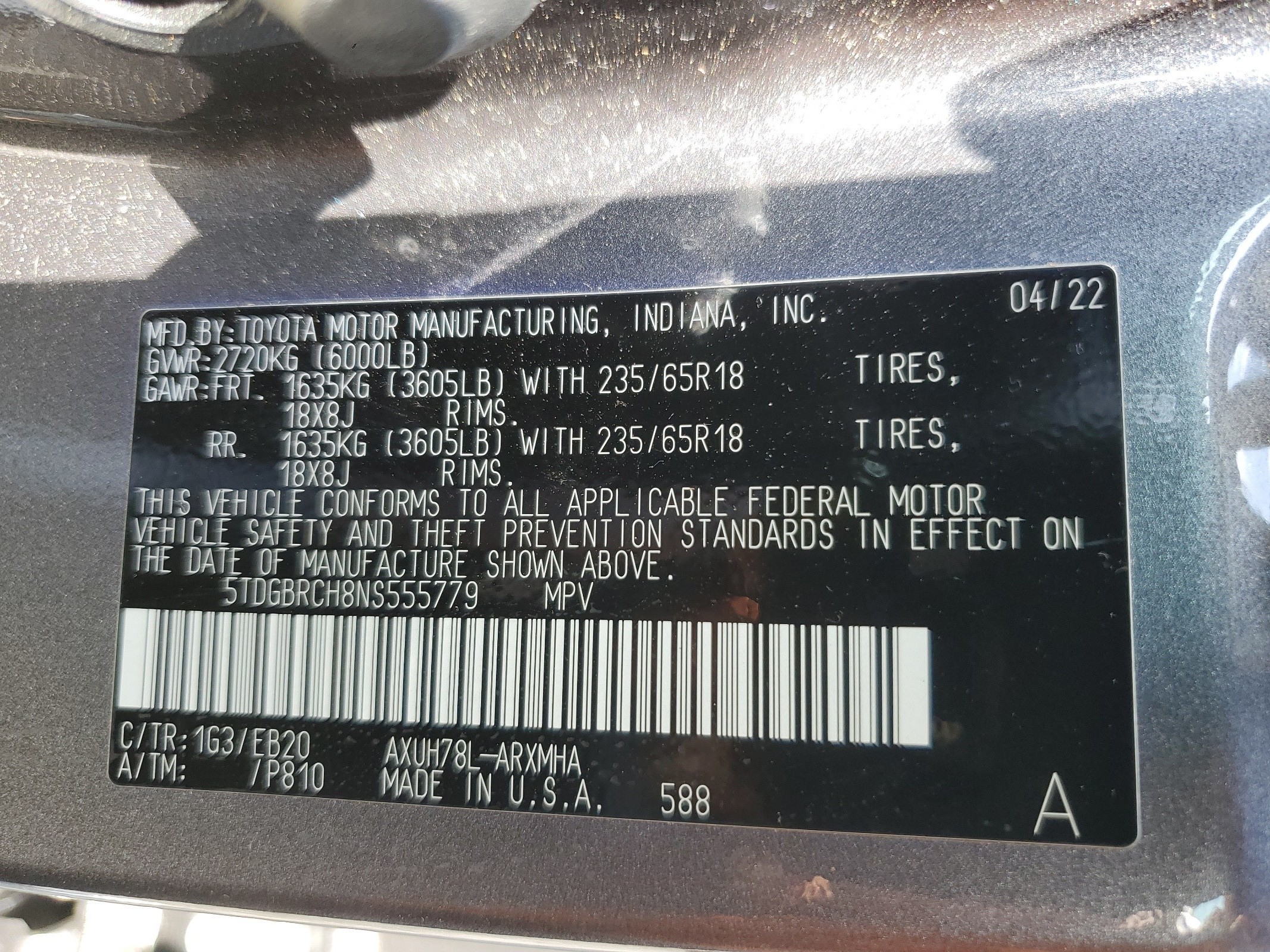 5TDGBRCH8NS555779 2022 Toyota Highlander Hybrid Xle