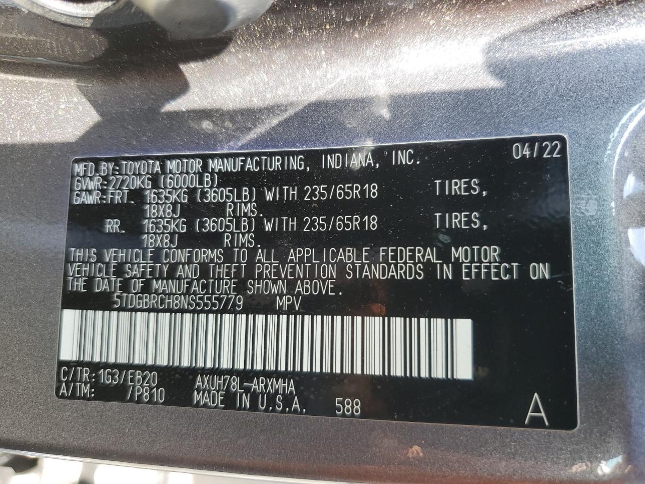 2022 Toyota Highlander Hybrid Xle VIN: 5TDGBRCH8NS555779 Lot: 64790154