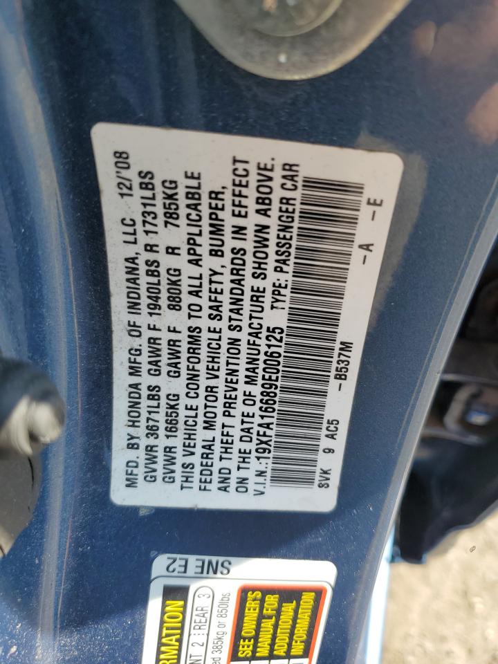 2009 Honda Civic Lx-S VIN: 19XFA16689E006125 Lot: 69202824