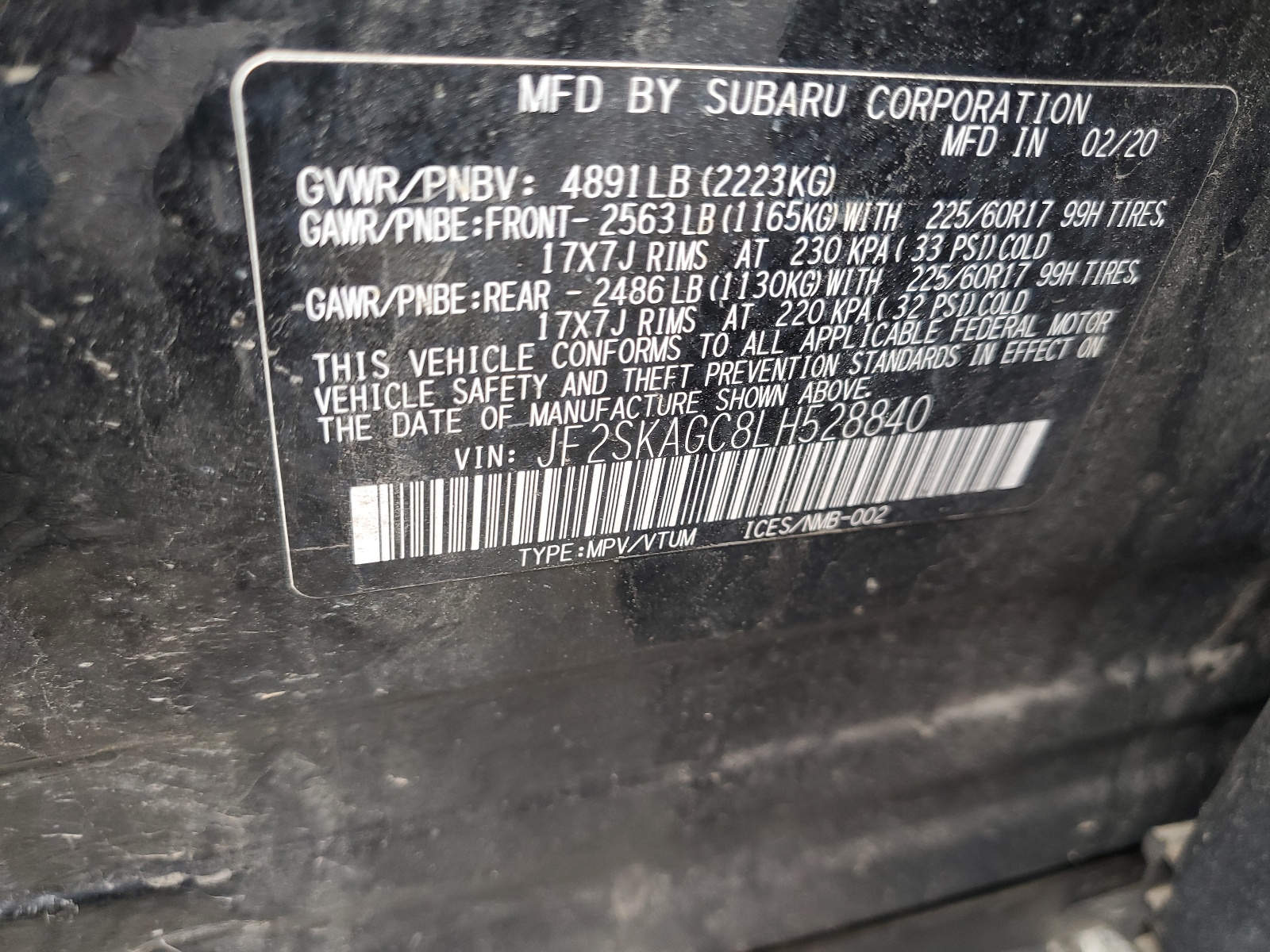 JF2SKAGC8LH528840 2020 Subaru Forester Premium