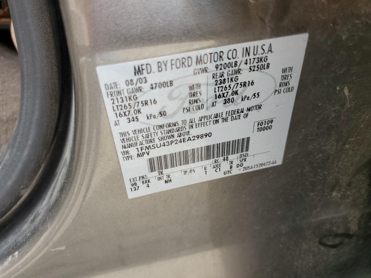 2004 Ford Excursion Limited VIN: 1FMSU43P24EA29890 Lot: 65828364