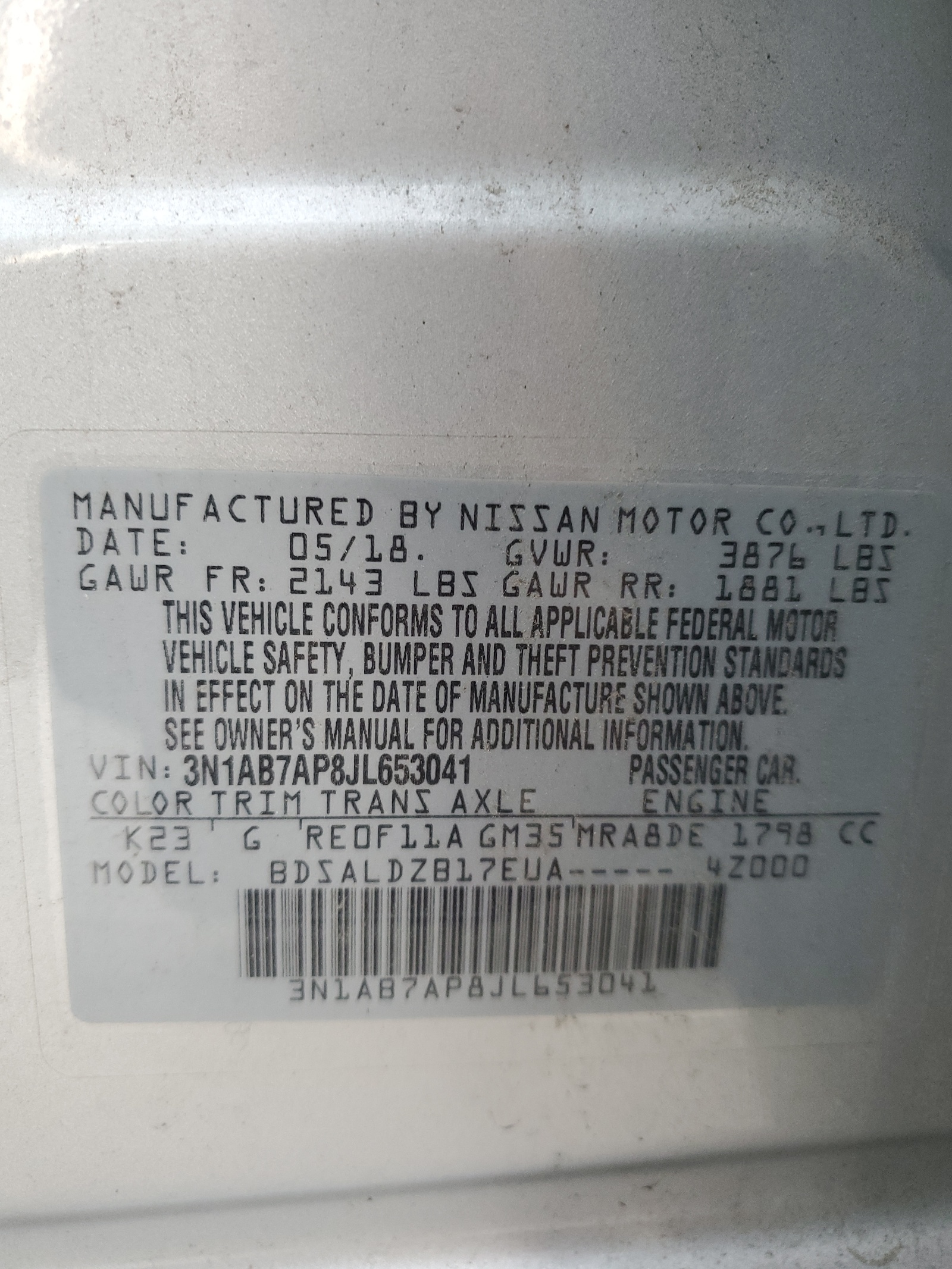 3N1AB7AP8JL653041 2018 Nissan Sentra S