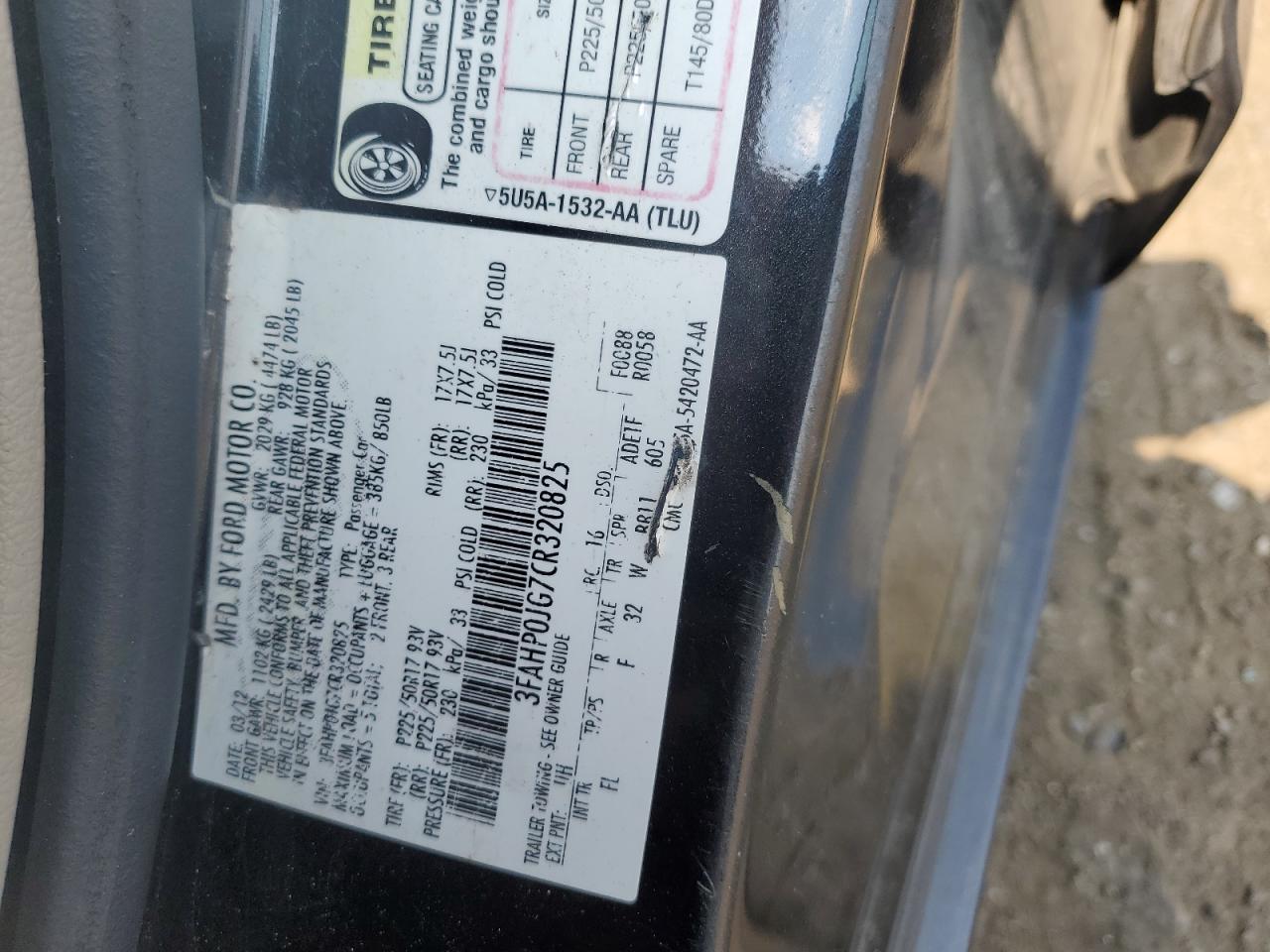 2012 Ford Fusion Sel VIN: 3FAHP0JG7CR320825 Lot: 67327414