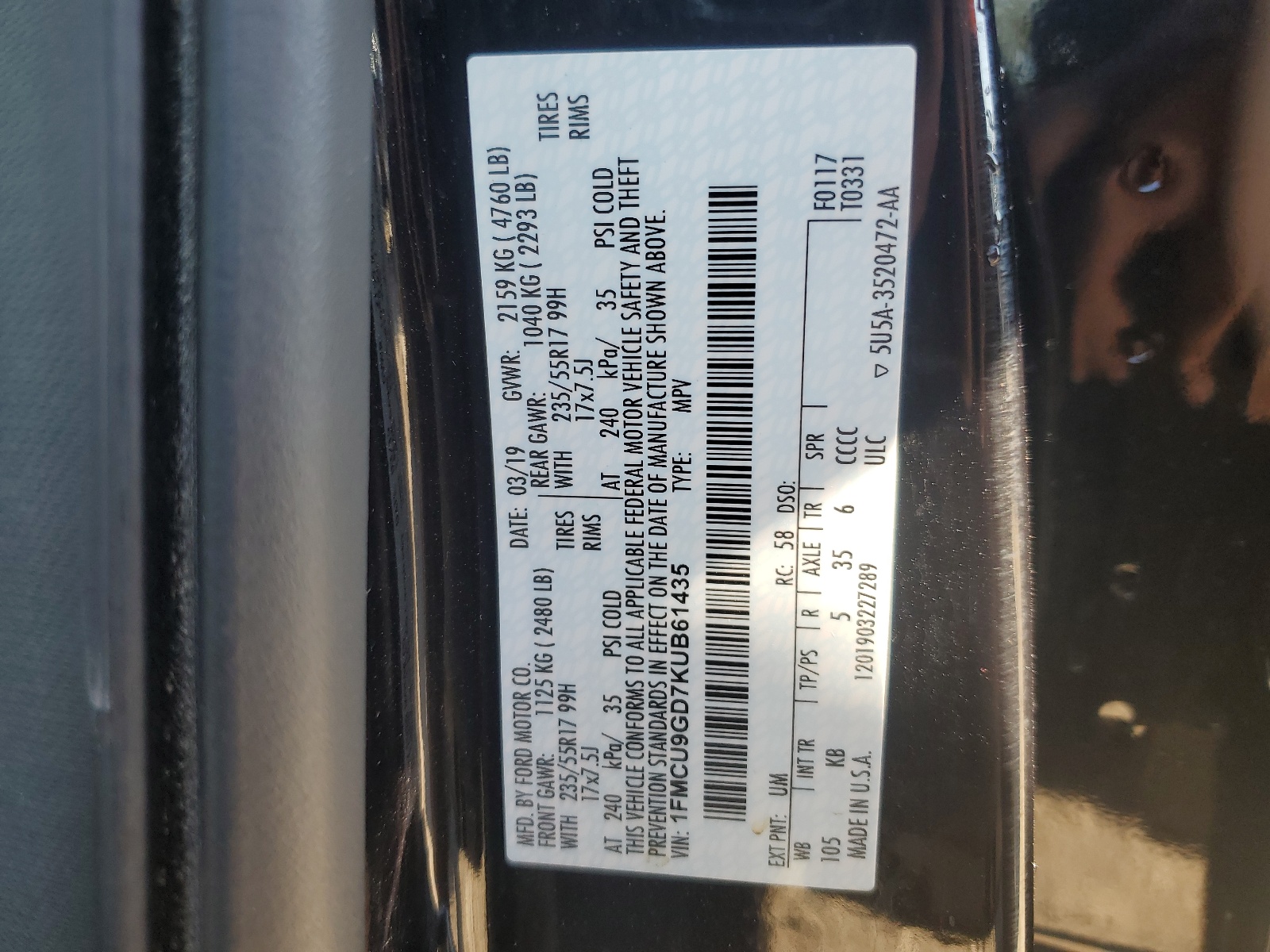 1FMCU9GD7KUB61435 2019 Ford Escape Se